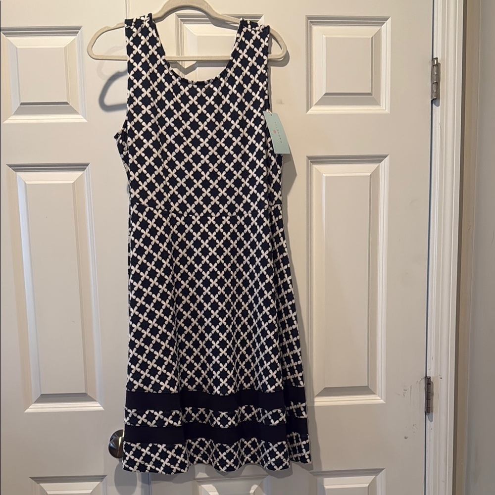 Mauve Navy and White A-Line Midi Dress